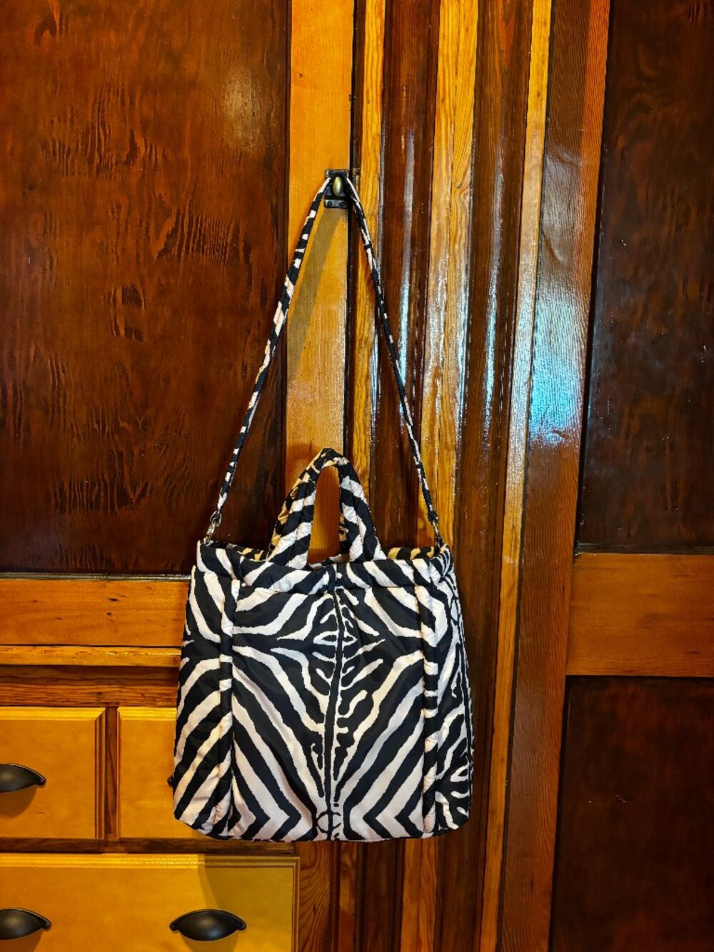 Vince Camuto Zebra Print Taupe and Black Nylon Tote/Crossbody Bag